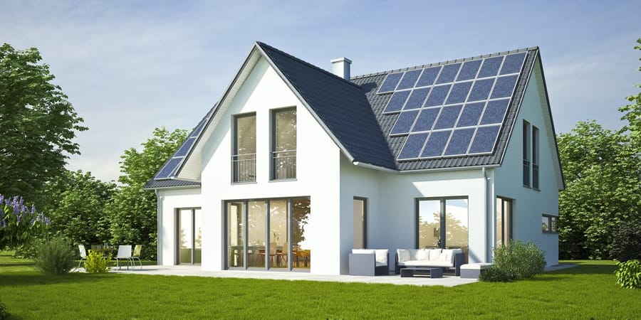 Einfamilienhaus mit Solaranlage auf Dach.