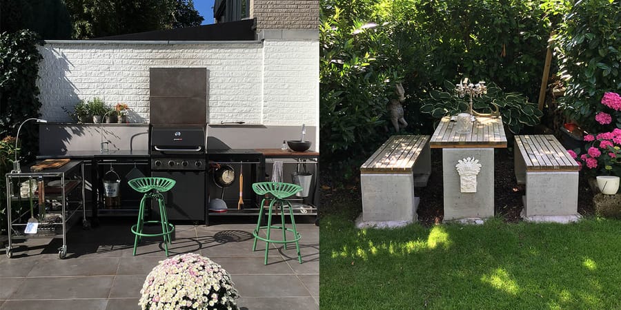 Outdoor-Küche und Gartenbereich mit Sitzecke von Familie Pesch
