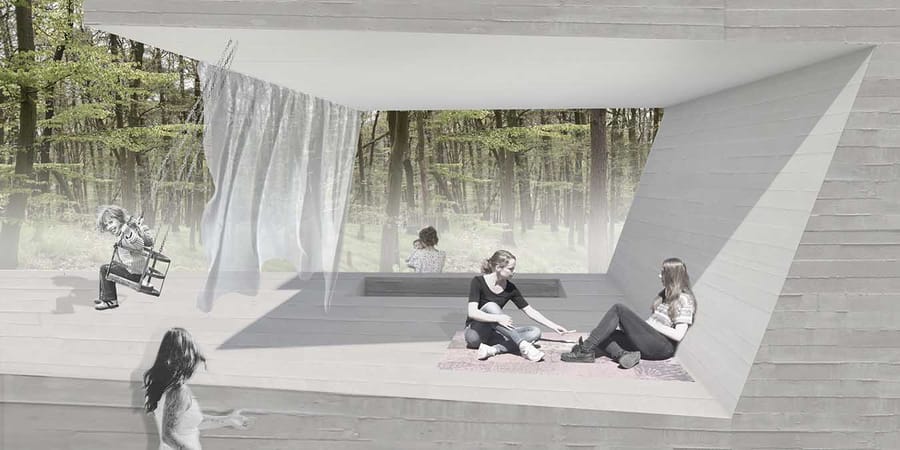 Landhaus Architektur Menschen sitzen auf Betonflächen eines modernen Hauses