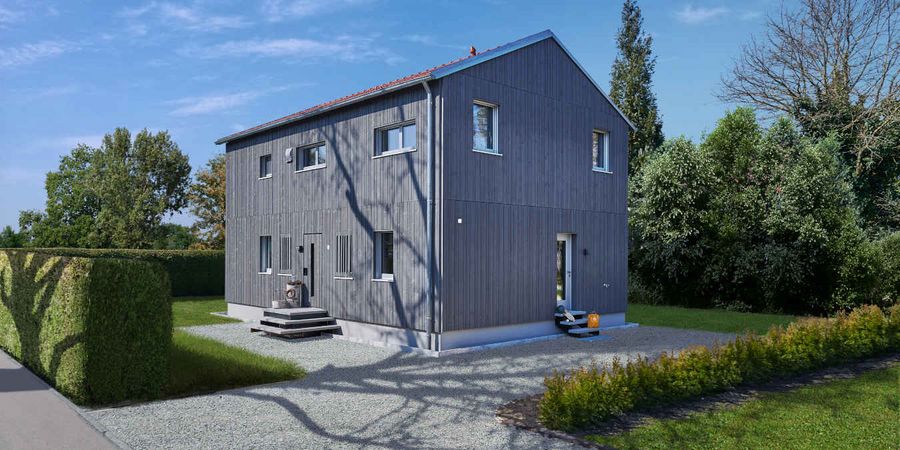 Einfamilienhaus mit moderner Fassade aus Holz mit grauem Anstrich.