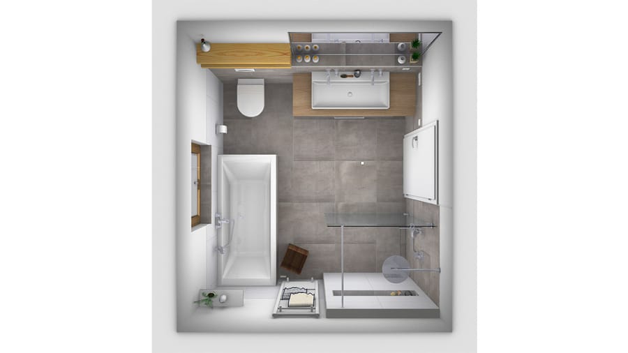 Grundriss eines quadratischen Badezimmers mit intelligenter Raumaufteilung