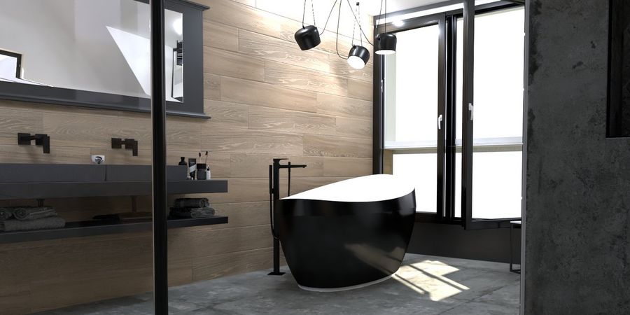 Badplanung Beispiele: Badezimmer mit schwarzer frei stehender Badewanne.