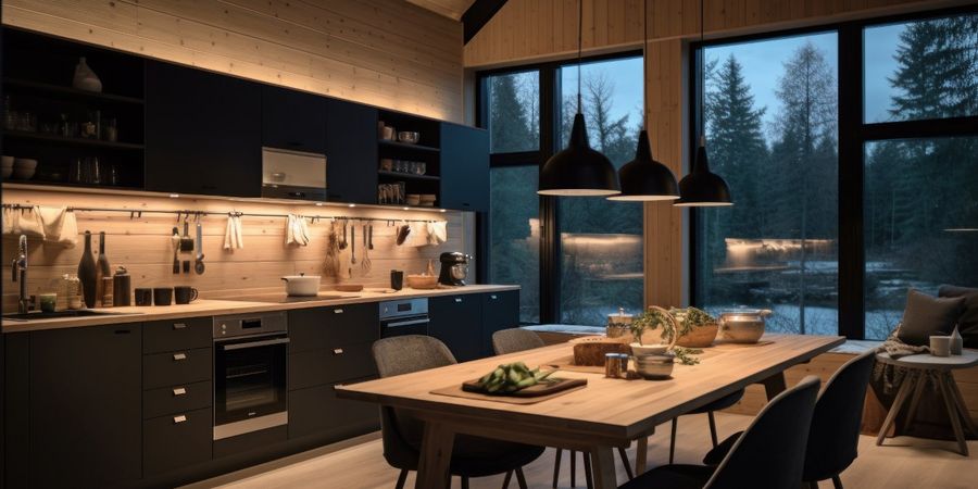 Skandinavische Küche mit Lichtdesign-Konzept