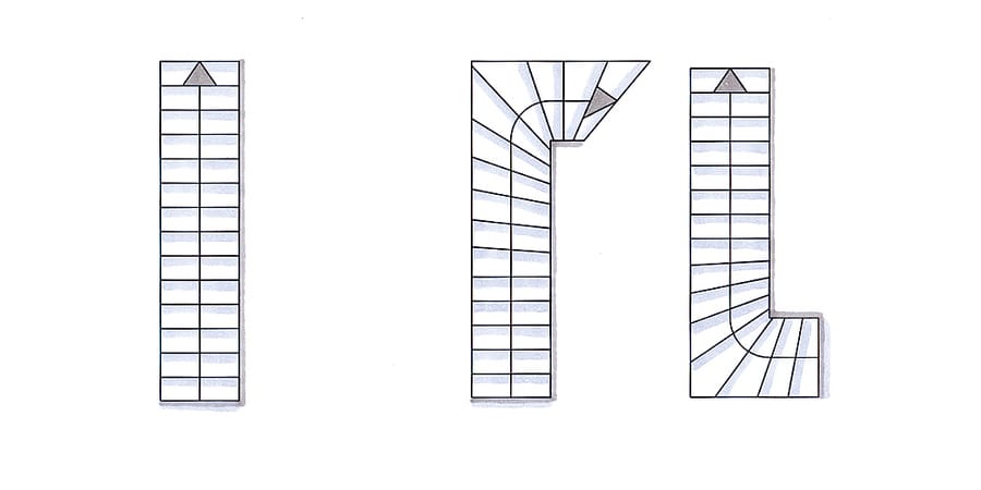 Skizze von A) gerade einläufiger Treppe. B) 1/4-gewendelten Treppen.