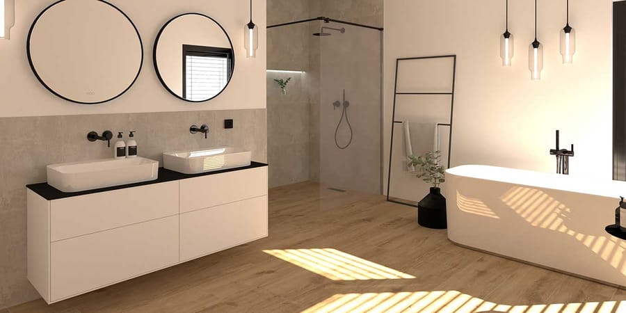 digitale Planung der Badsanierung: 3D-Ansicht des geplanten neuen Badezimmers