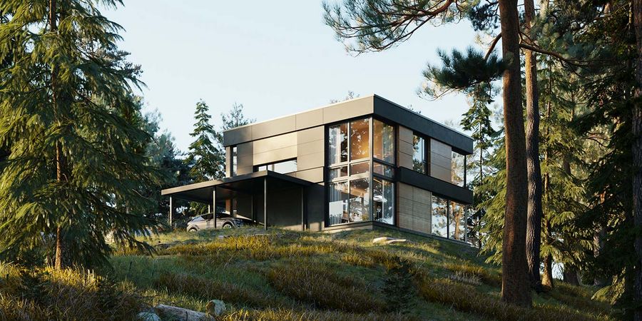 Modernes biophiles Einfamilienhaus im Wald.