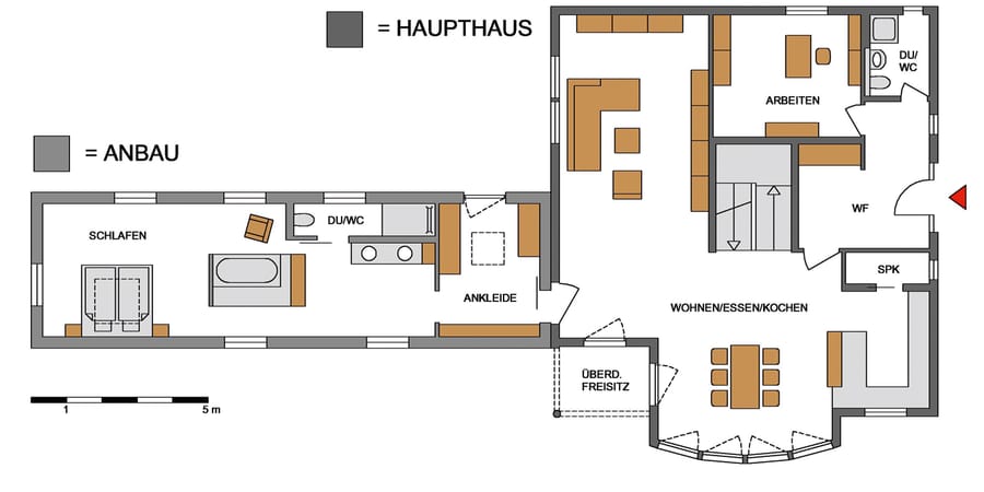 Erdgeschoss Bestand und Fertighaus-Anbau "Flying Space". Foto:SchwörerHaus