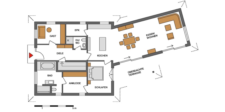 Quadratischer Bungalow Grundriss mit Anbau. Im Hauptteil befinden sich Diele, Gästezimmer, Haustechnik, Ankleide, Bad, Schlafzimmer und Küche, während im Anbau der Wohnbereich untergebracht wurde. 