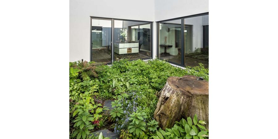 Bungalow mit Baumstumpf im Atrium