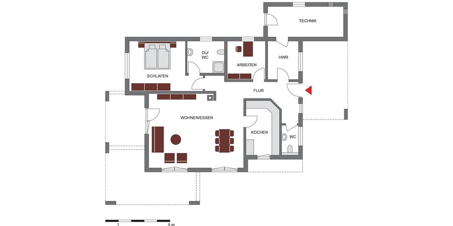 Der moderne Bungalow Grundriss des FingerhutHaus Nivelo verfügt über einen geräumigen Wohn-/Essbereich mit angrenzender Küche sowie einem Schlafzimmer, einem Bad und einem Arbeitszimmer. 