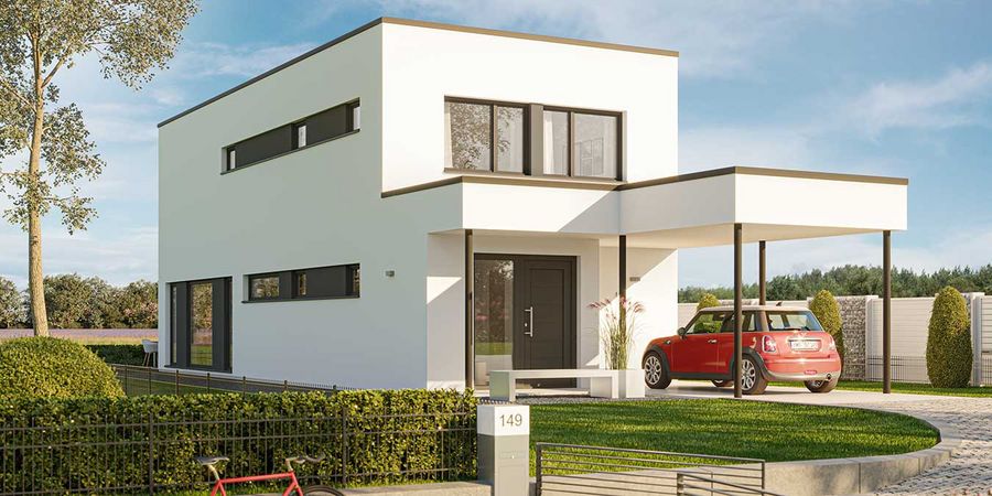 Musterhaus im Bauhausstil mit modernem Carport