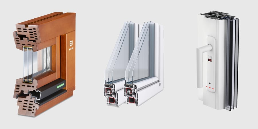 Fensterprofile mit Dreischeibenverglasung und Fenstergriff mit Alarmfunktion