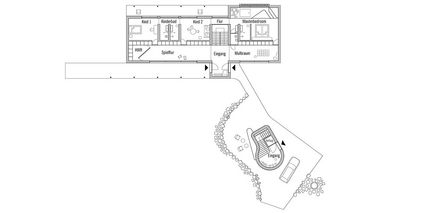 Grundrisszeichnung Erdgeschoss Baufritz Haus Haussicht mit Einliegerwohnung im Anbau 