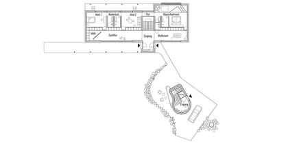 Grundrisszeichnung Erdgeschoss Baufritz Haus Haussicht mit Einliegerwohnung im Anbau 