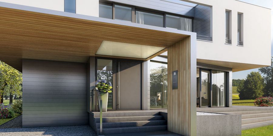 Moderne Haustür in grau für Haus im Bauhausstil.