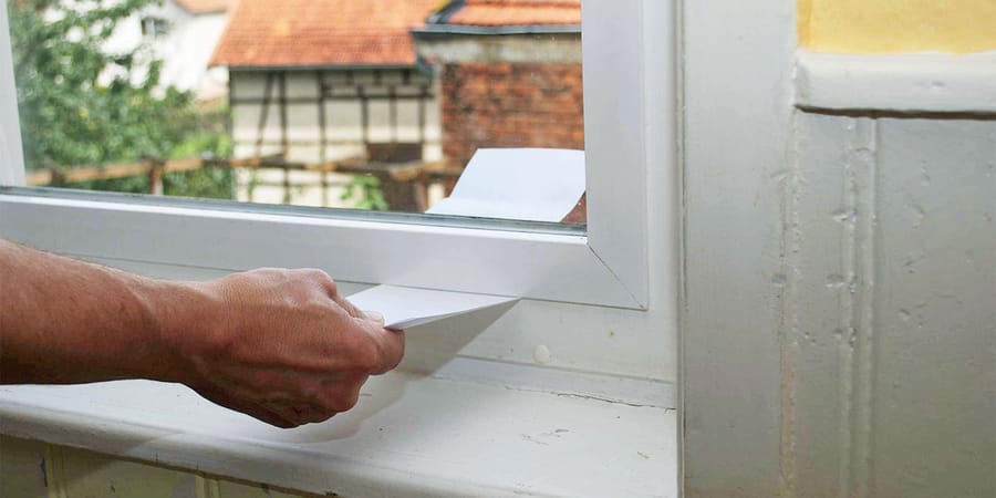 Papiertest zwischen Fensterrahmen und Blendrahmen