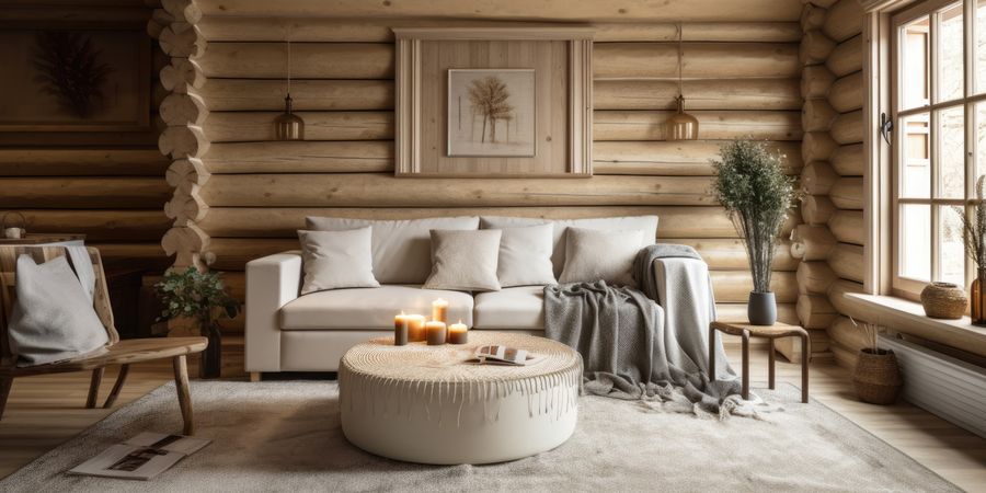 Wohnzimmer mit viel Holz im amerikanischen Landhausstil