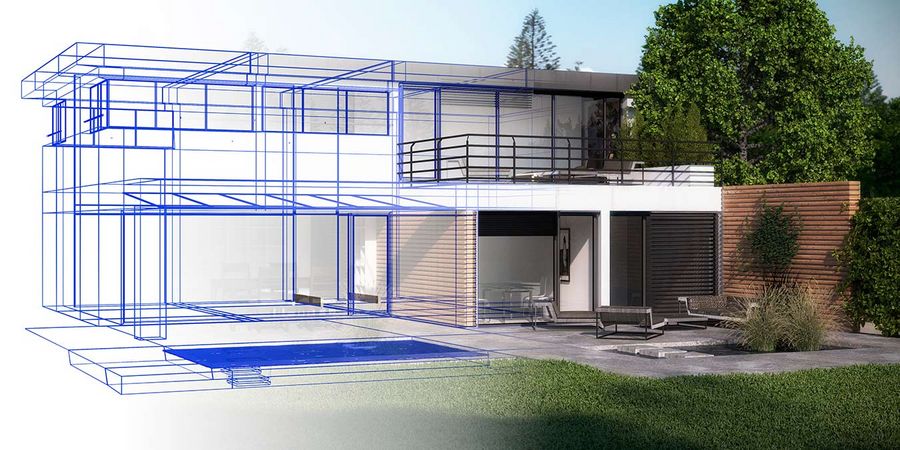 Im rechten Teil des Bildes ist ein Einfamilienhaus, das im linken Teil als architektonische Zeichnung erweitert wird. 