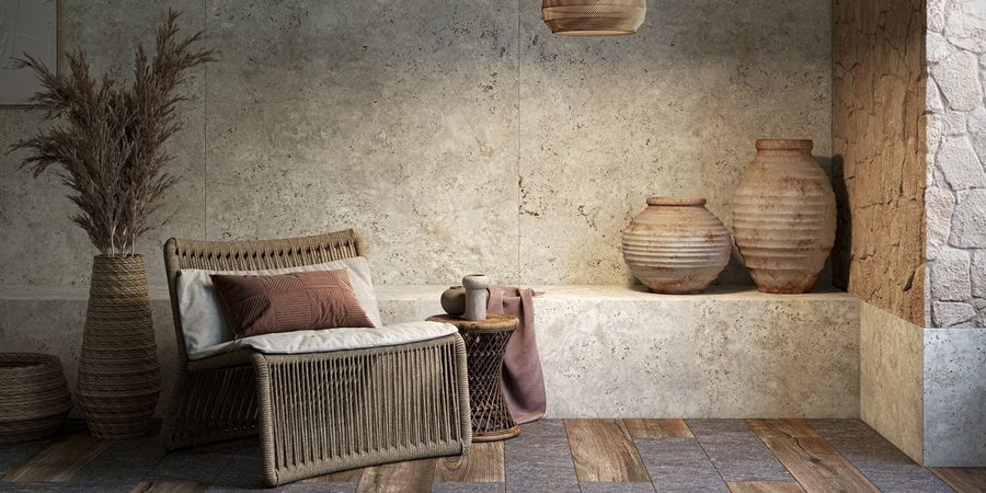 Cosentino Dekton Steinoberflächen in einem minimalistischen Wohnzimmer.