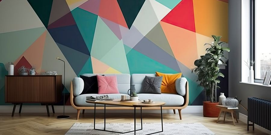 Buntes Sofa vor farbige gestalteter Wohnzimmerwand