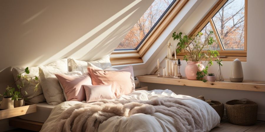 Bett in einem Dachgeschoss-Schlafzimmer mit Decken und Kissen