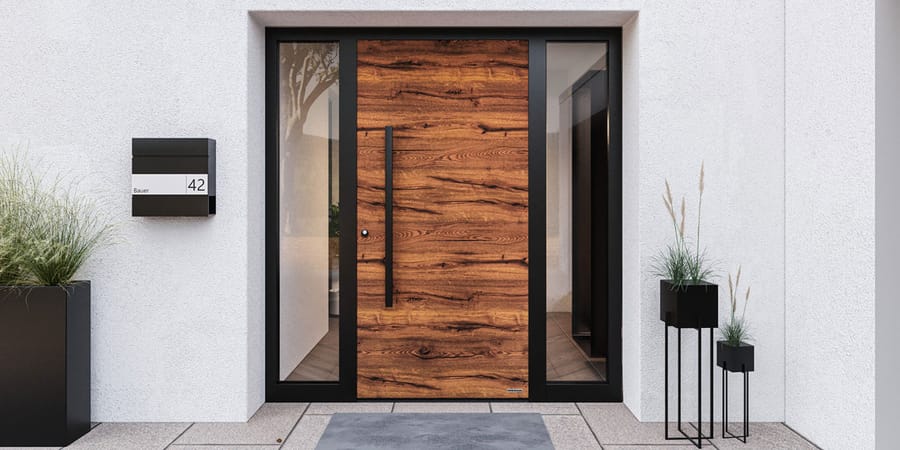 Haustür mit guter Wärmedämmung aus Aluminium in Holzoptik