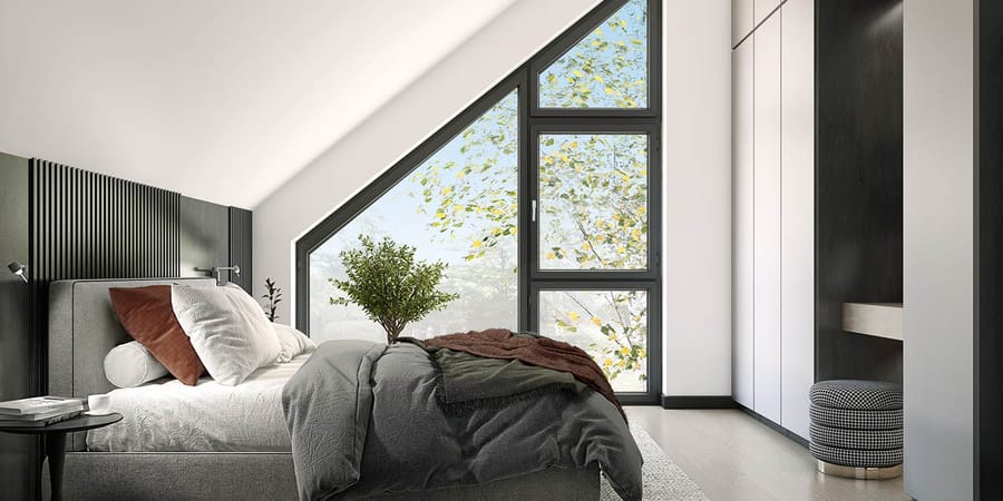 Schlafzimmer mit bodentiefen Fenstern
