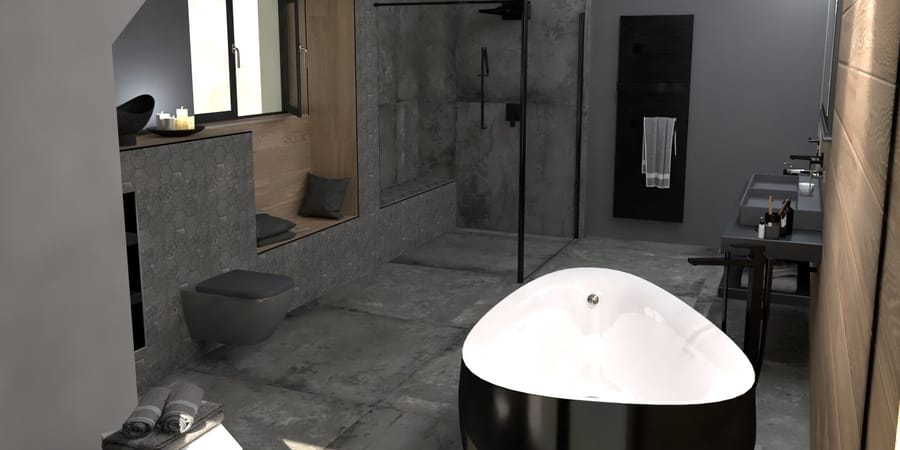 Badplanung Beispiele: Schwarze Badewanne in modernem Badezimmer.