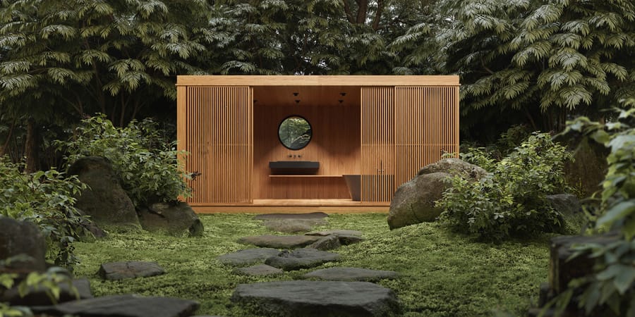 Bad-Tiny-House aus Holz in einem Garten