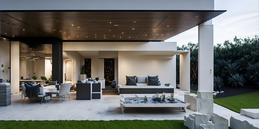 Kalifornische Gartenmöbel auf einer Terrasse einer Hollywood-Villa